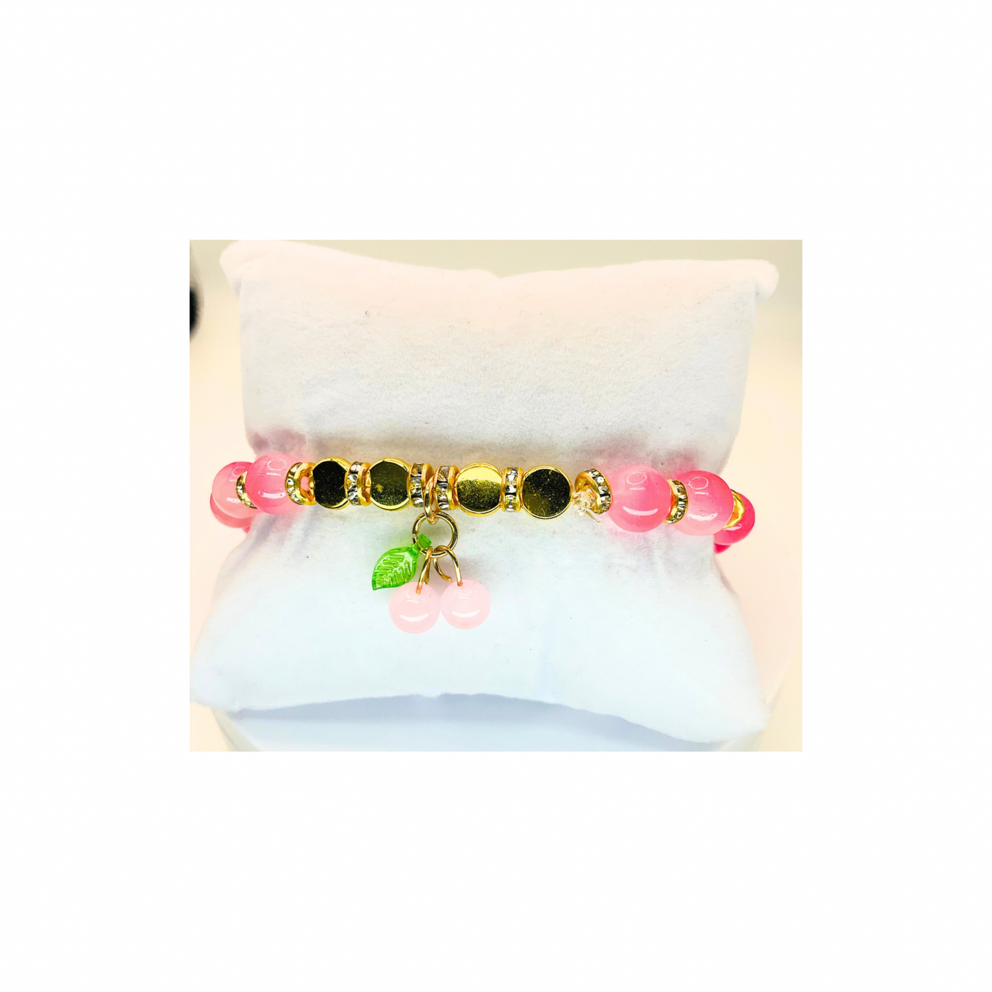 Pink Variegated Beads with Gold Rhinestone and Pink Cherry Charm Stretch Bracelet