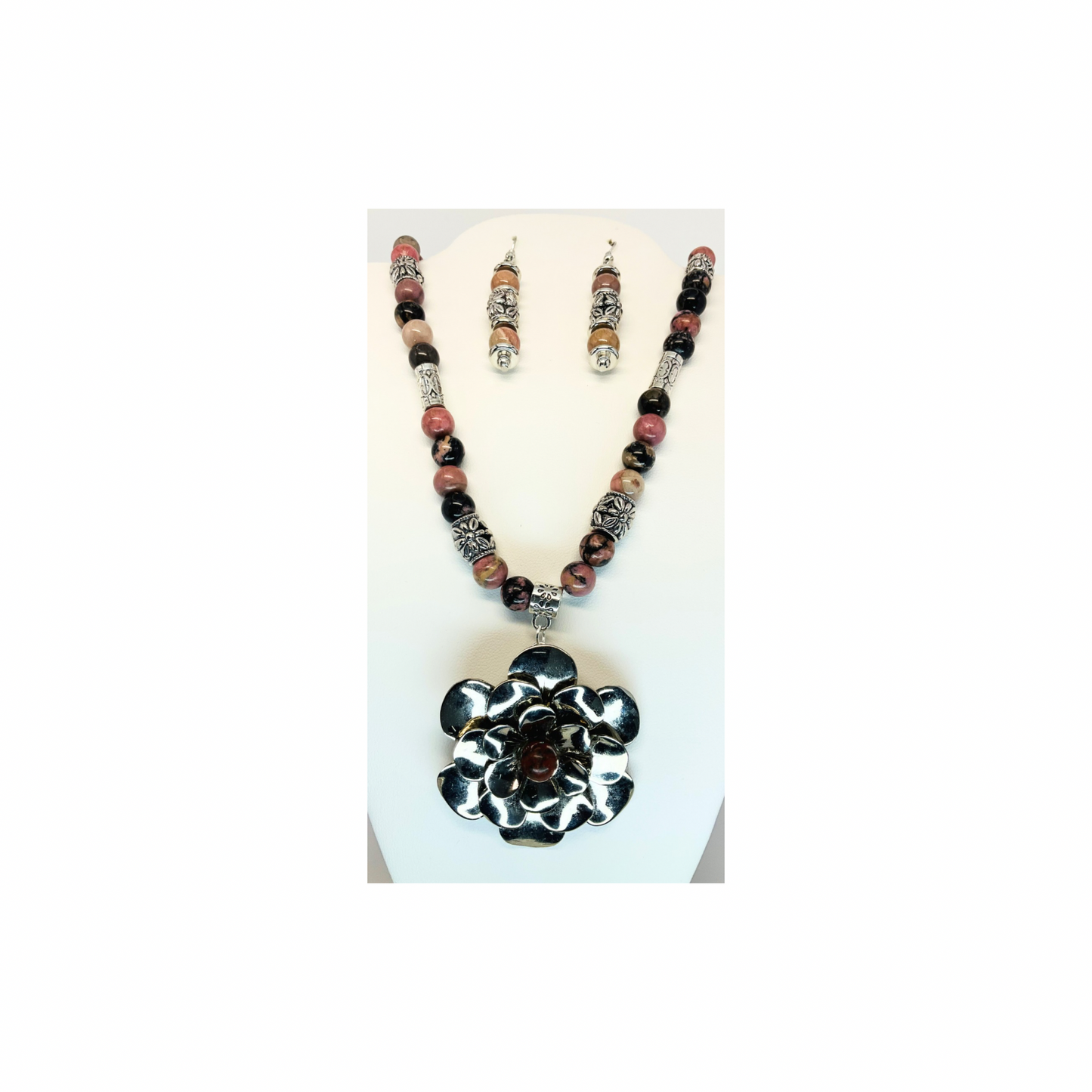 Rhodonite Beaded Necklace with Silver Flower-Crafting By BB