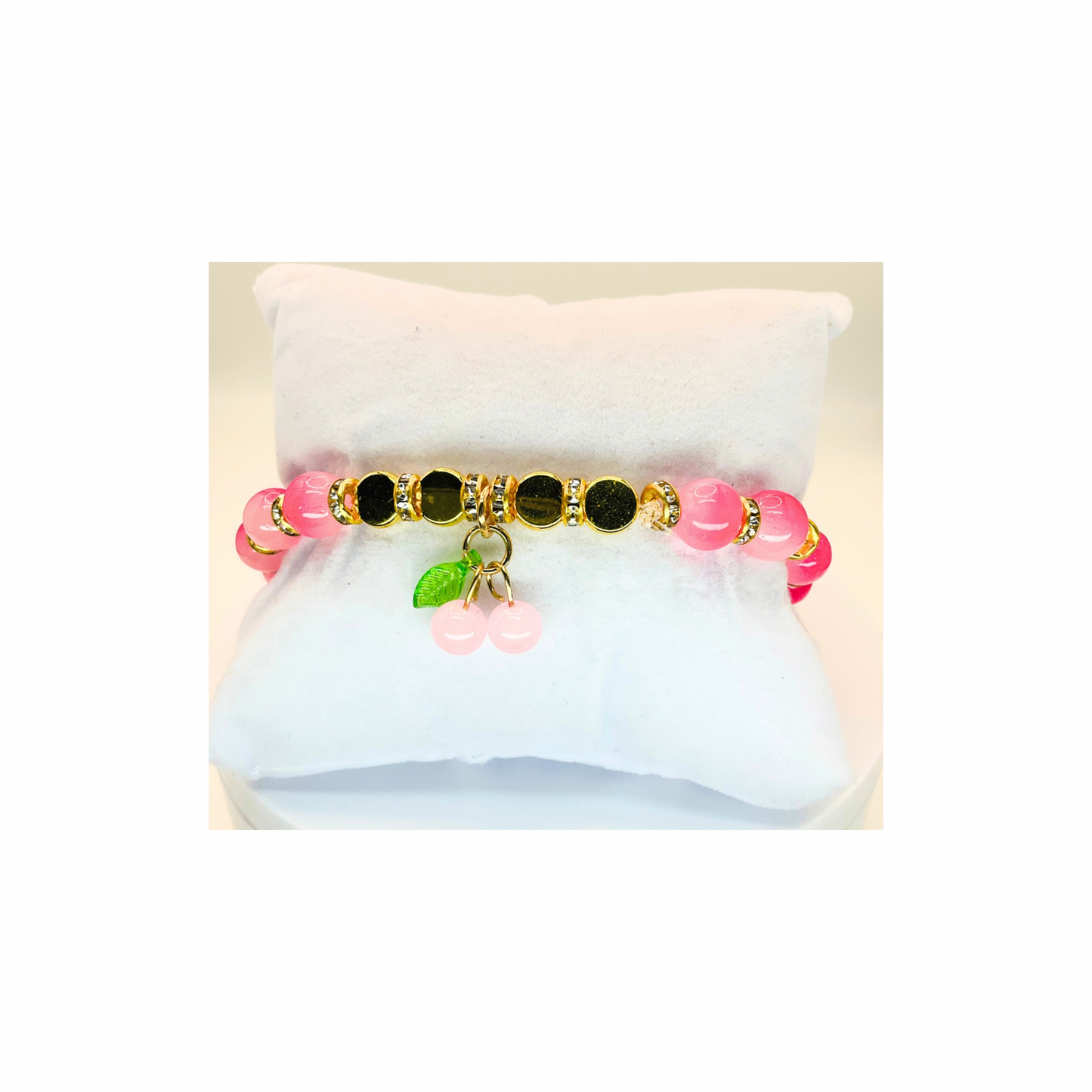 Pink Variegated Beads with Gold Rhinestone and Pink Cherry Charm Stretch Bracelet