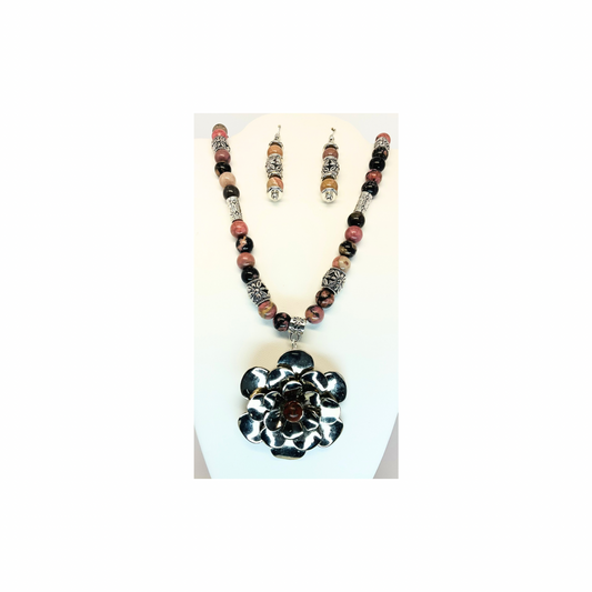 Rhodonite Beaded Necklace with Silver Flower-Crafting By BB
