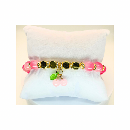 Pink Variegated Beads with Gold Rhinestone and Pink Cherry Charm Stretch Bracelet