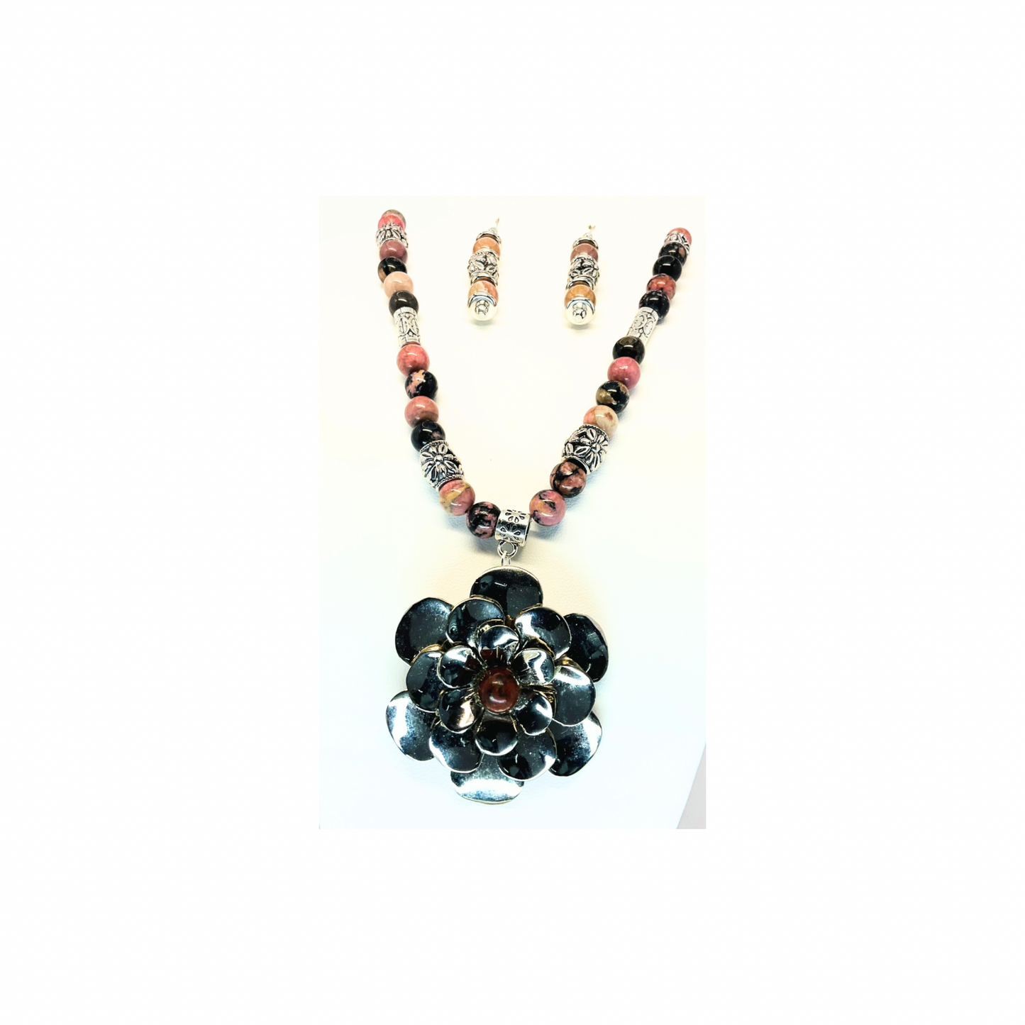 Rhodonite Beaded Necklace with Silver Flower-Crafting By BB