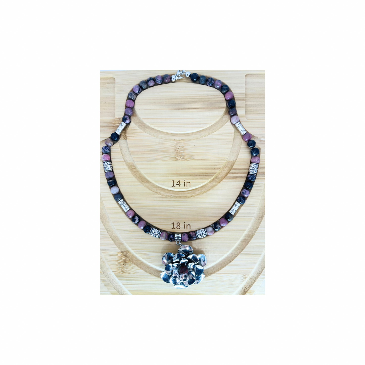 Rhodonite Beaded Necklace with Silver Flower-Crafting By BB
