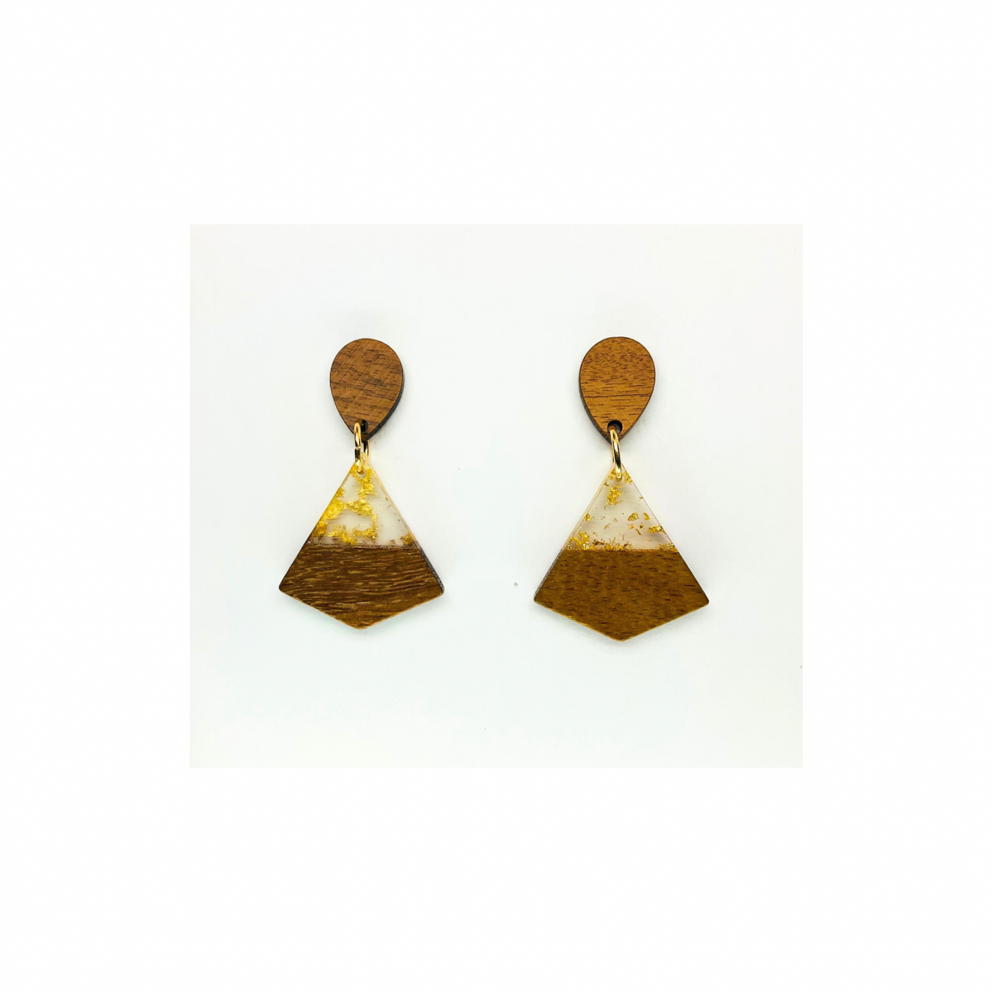Boho Wood Collection Stud Triangle Earrings with Unique Gold and White Accents on Wooden Design