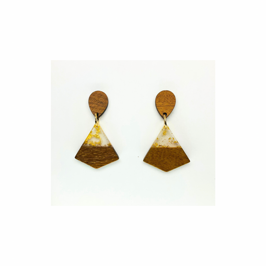 Boho Wood Collection Stud Triangle Earrings with Unique Gold and White Accents on Wooden Design