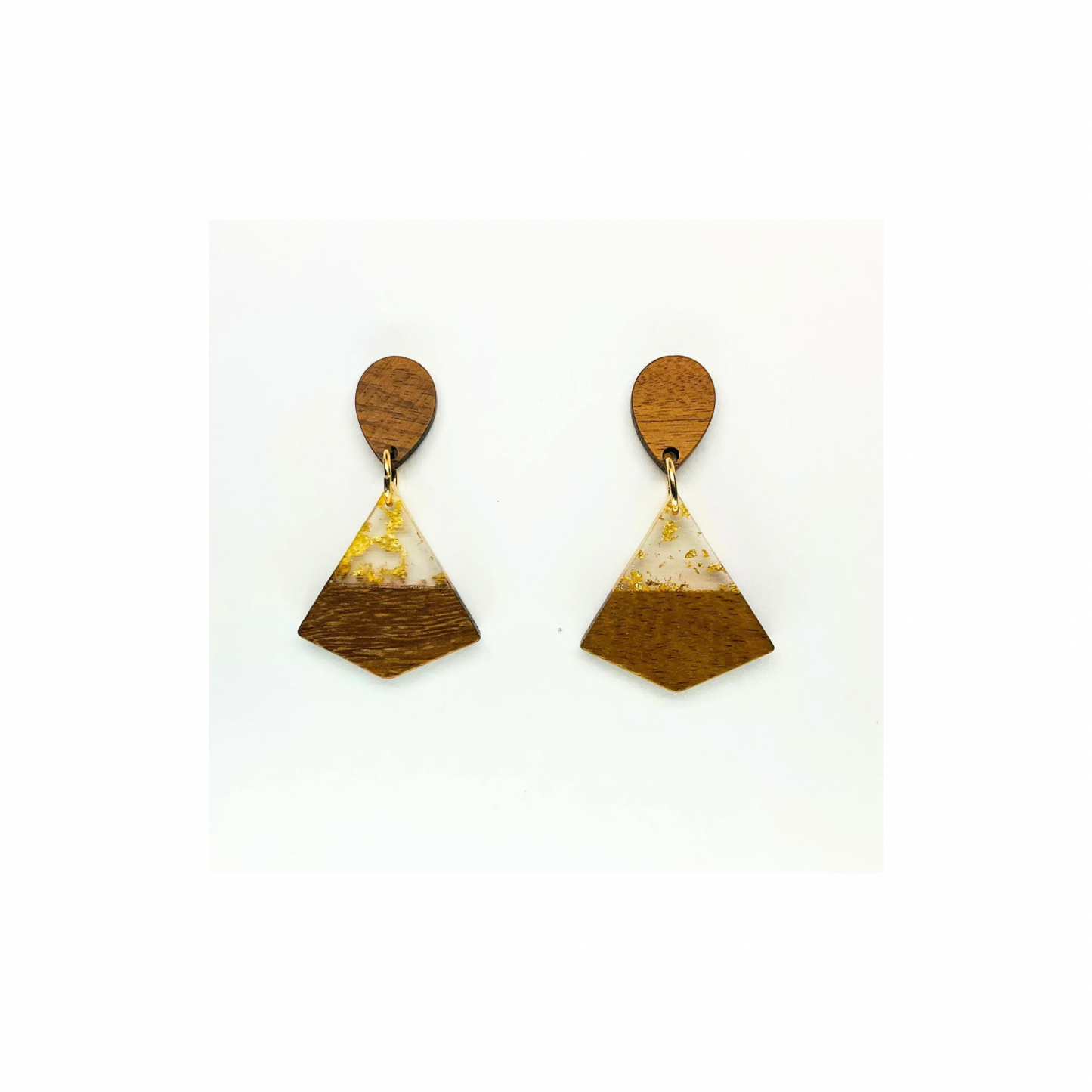 Boho Wood Collection Stud Triangle Earrings with Unique Gold and White Accents on Wooden Design