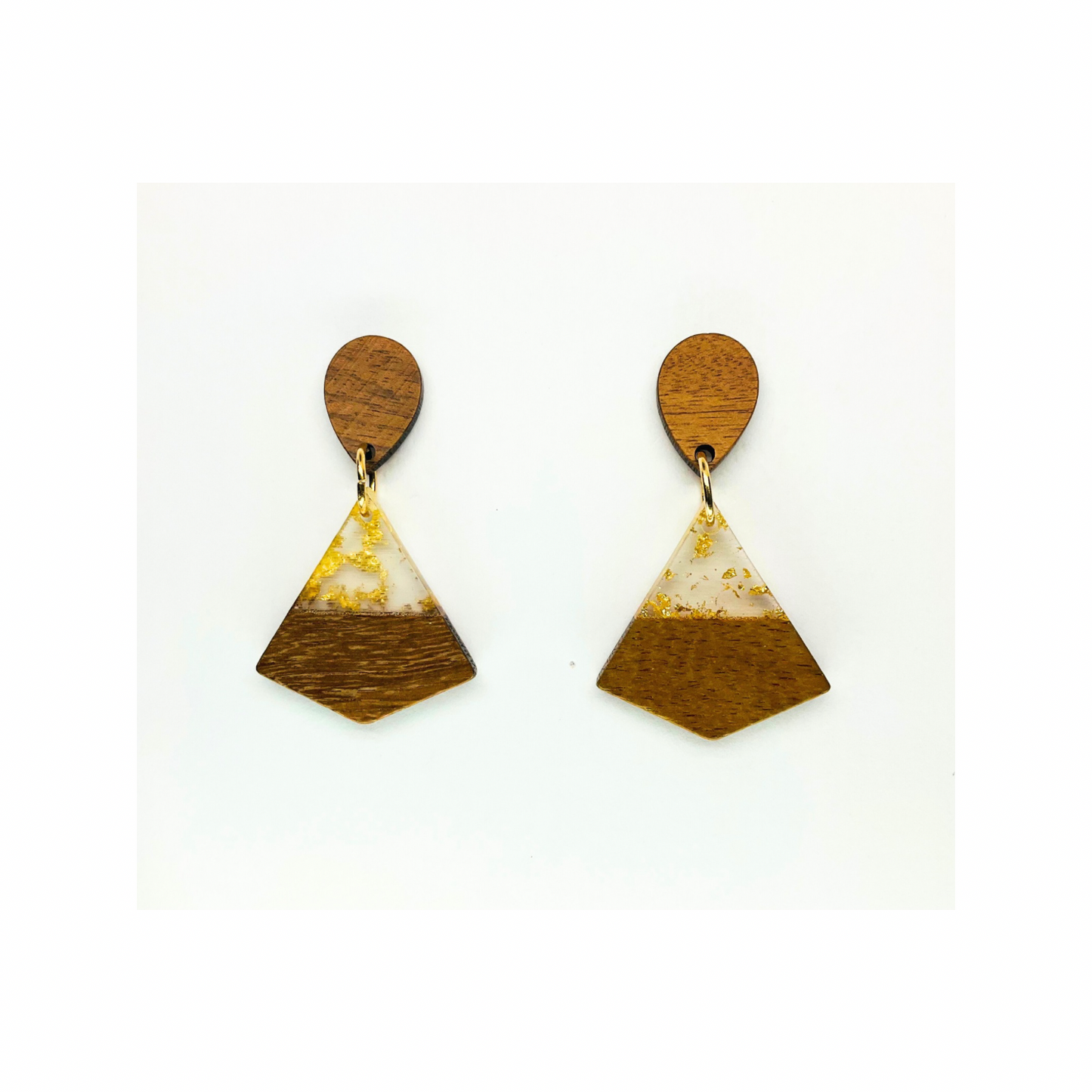 Boho Wood Collection Stud Triangle Earrings with Unique Gold and White Accents on Wooden Design