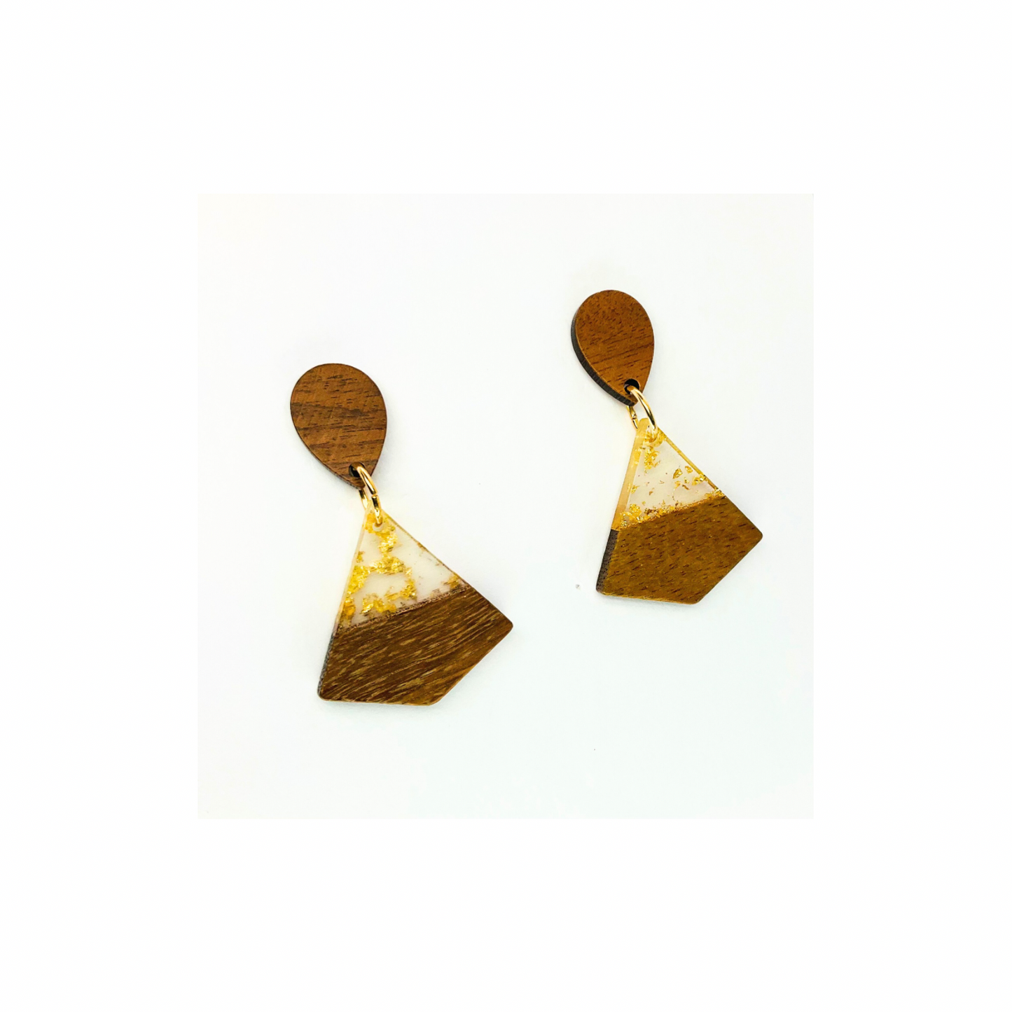 Boho Wood Collection Stud Triangle Earrings with Unique Gold and White Accents on Wooden Design