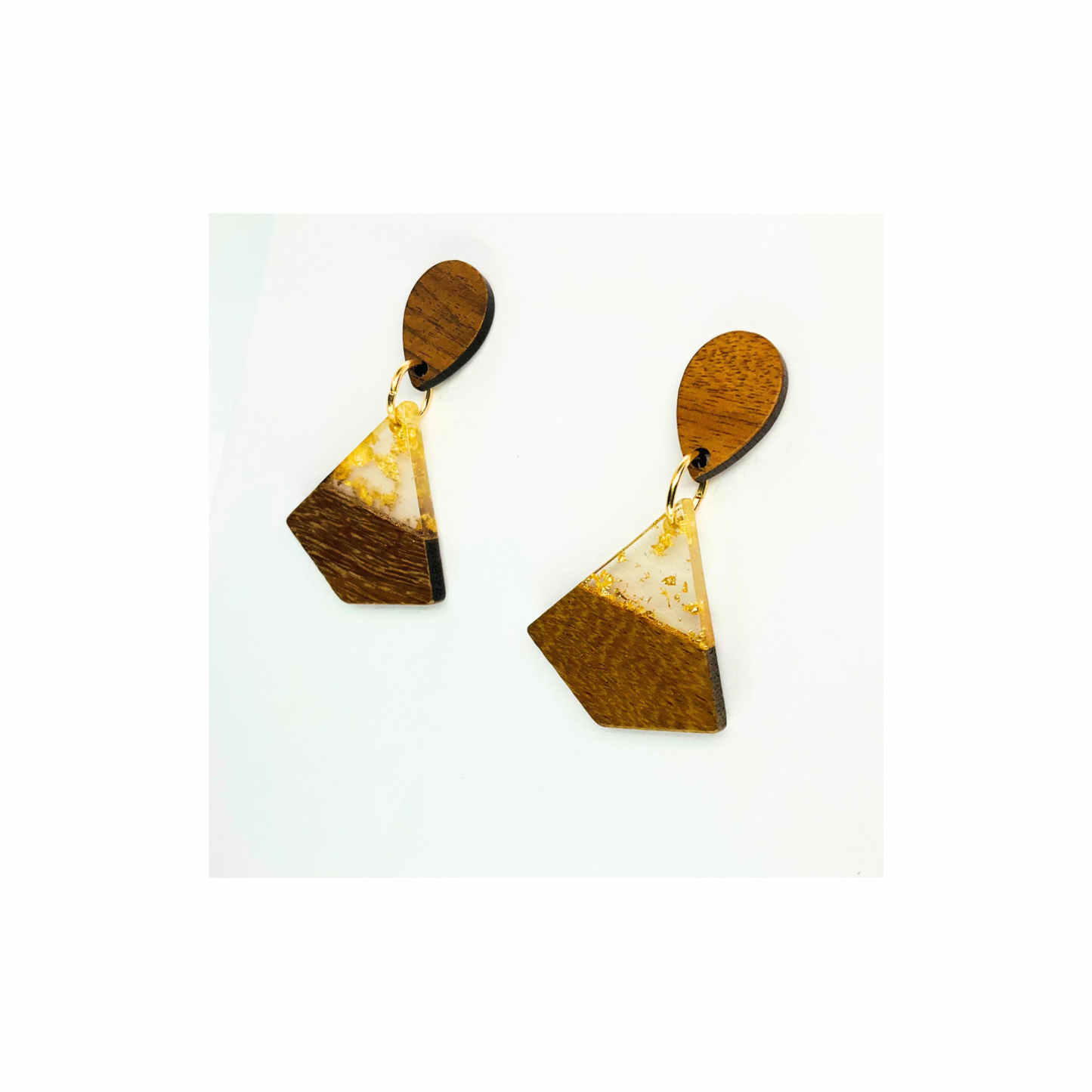 Boho Wood Collection Stud Triangle Earrings with Unique Gold and White Accents on Wooden Design