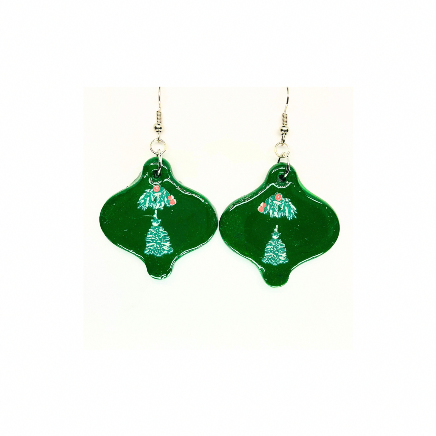 Christmas in July Collection Green Ornament with Tree Embellishment Dangle Earrings Festive Design