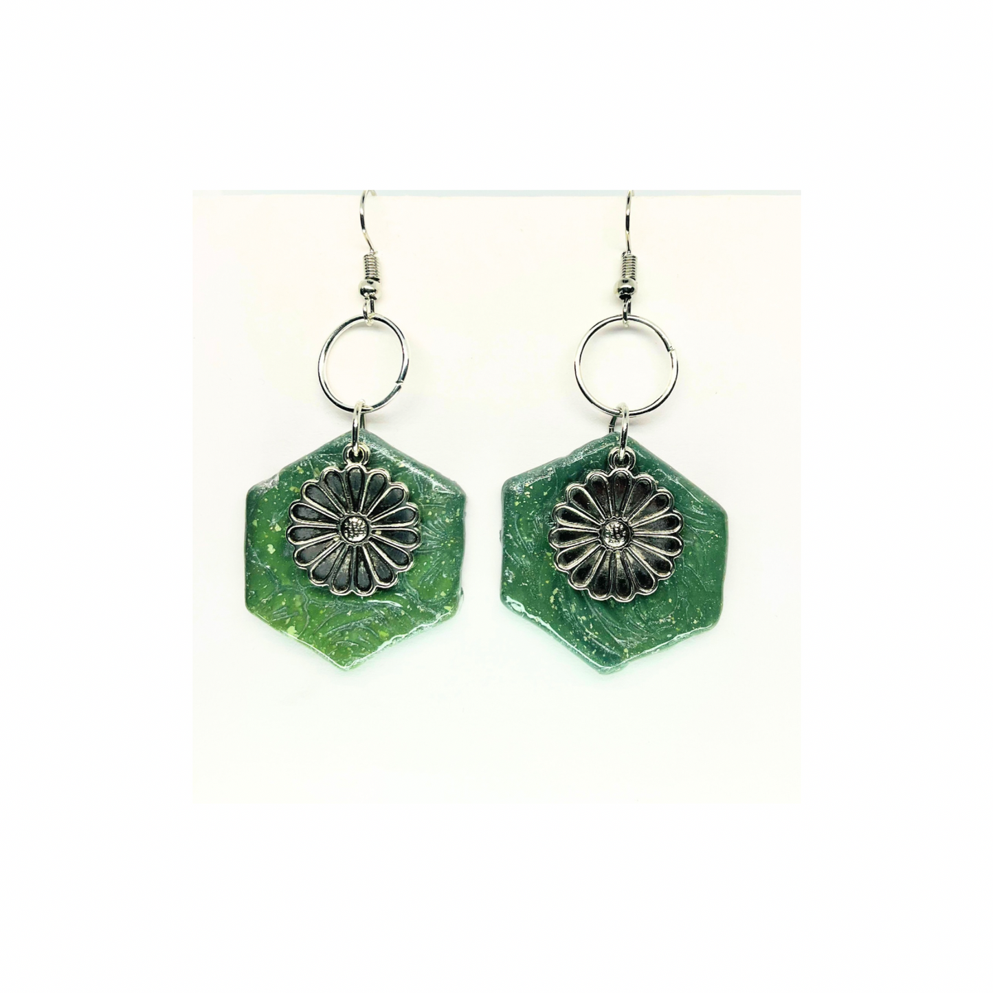 Jade Green Color Hexagon Shaped with Silver Flower Charm Dangle Earrings for Female Jewelry Accessories