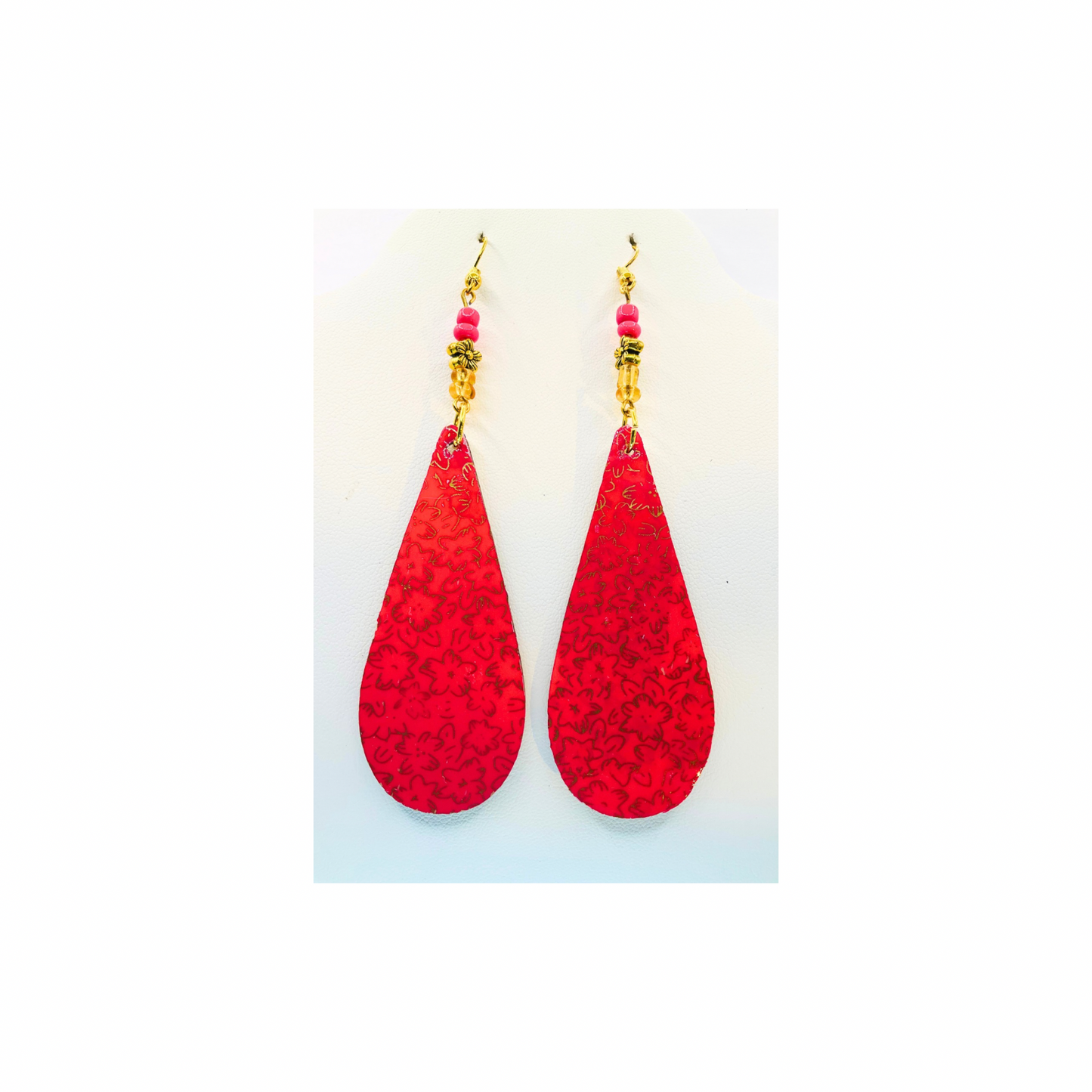 Pink and Gold Long Teardrop Lightweight Wood Dangle Earring