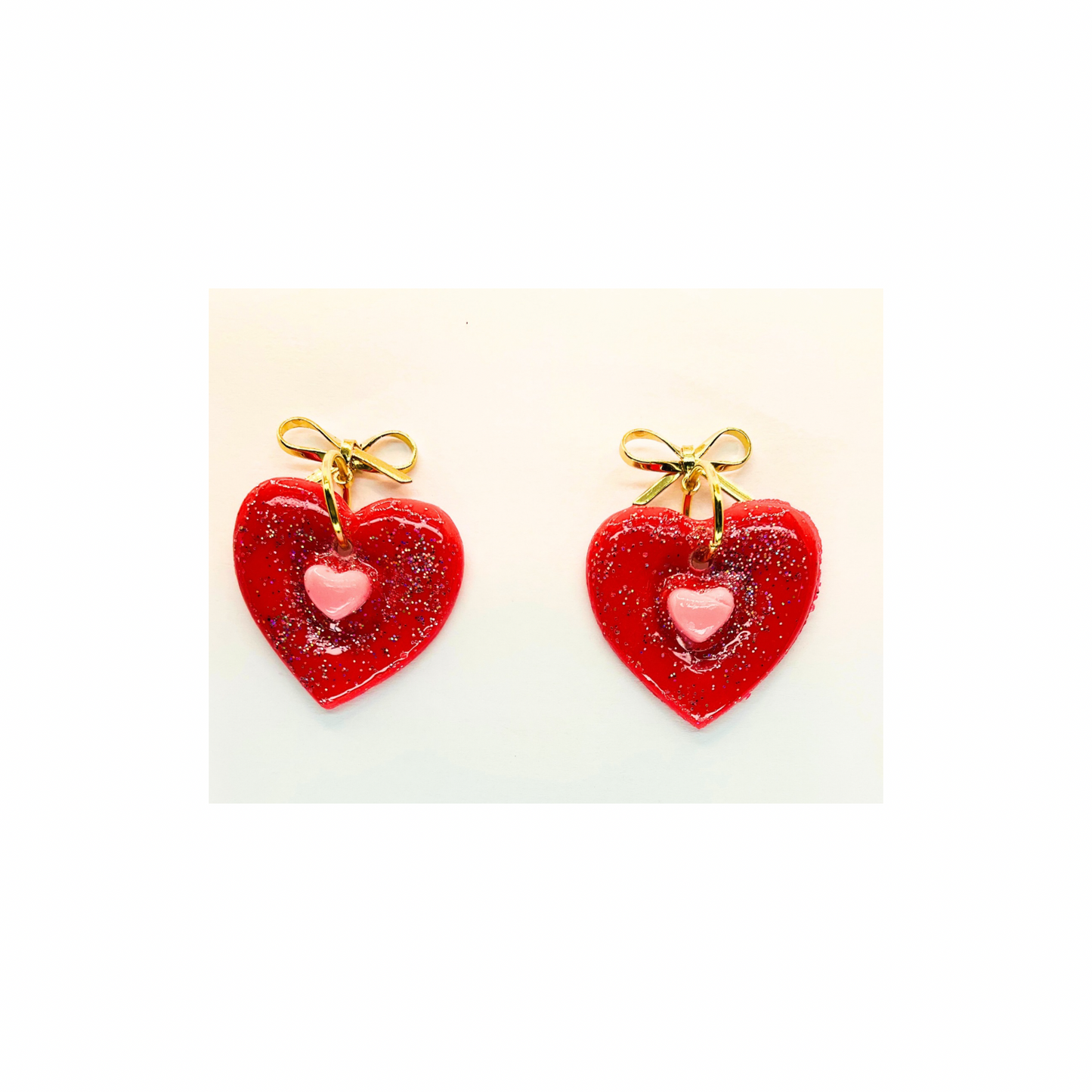 Red Heart with Pink Heart and Gold Bow Stud Dangle Earring