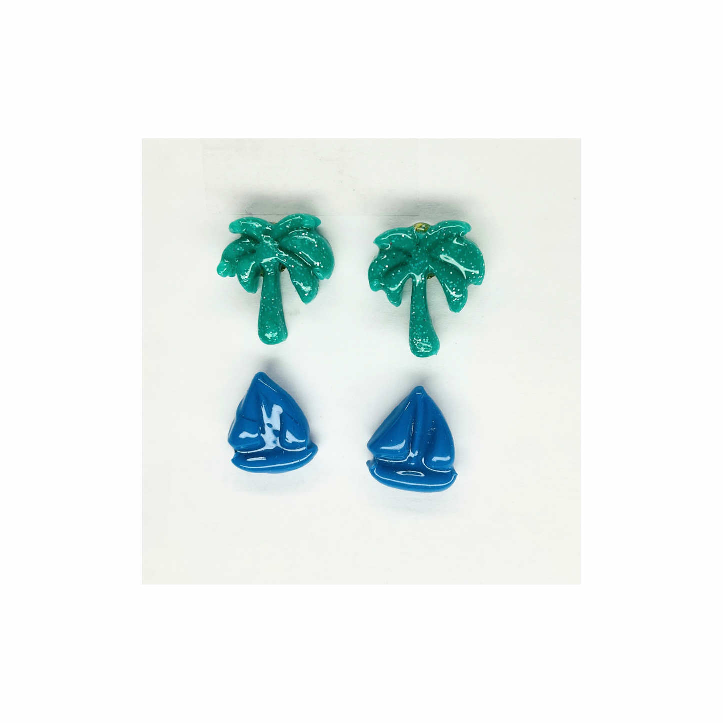 Blue Sailboatand Green Palm Tree Stud Earrings-Crafting By BB