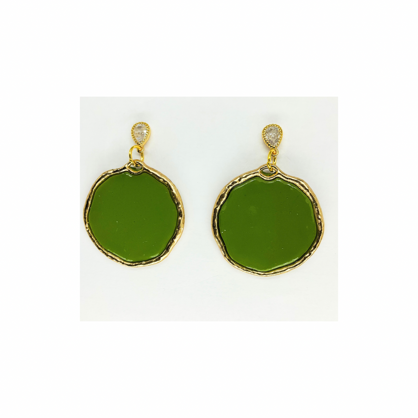 Olive Green and Gold Circle Dangle with Teardrop Rhinestone Stud Earrings-Crafting By BB
