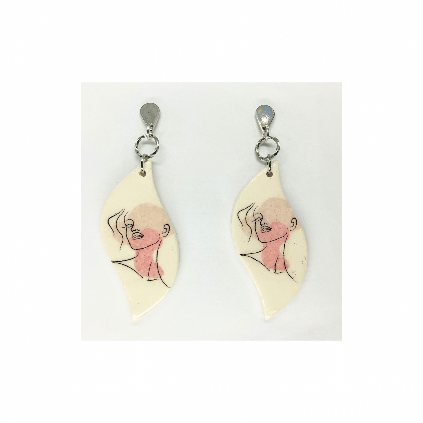 Woman Face Line Art Dangle with Silver Teardrop Stud Earrings-Crafting By BB