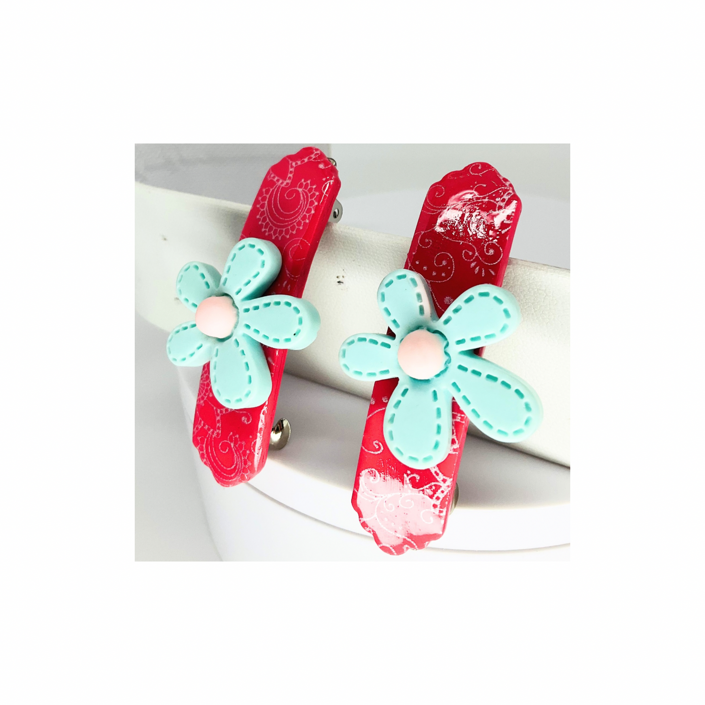 Pink with Blue Flower 2-Inch Hair Barrettes-Crafting By BB