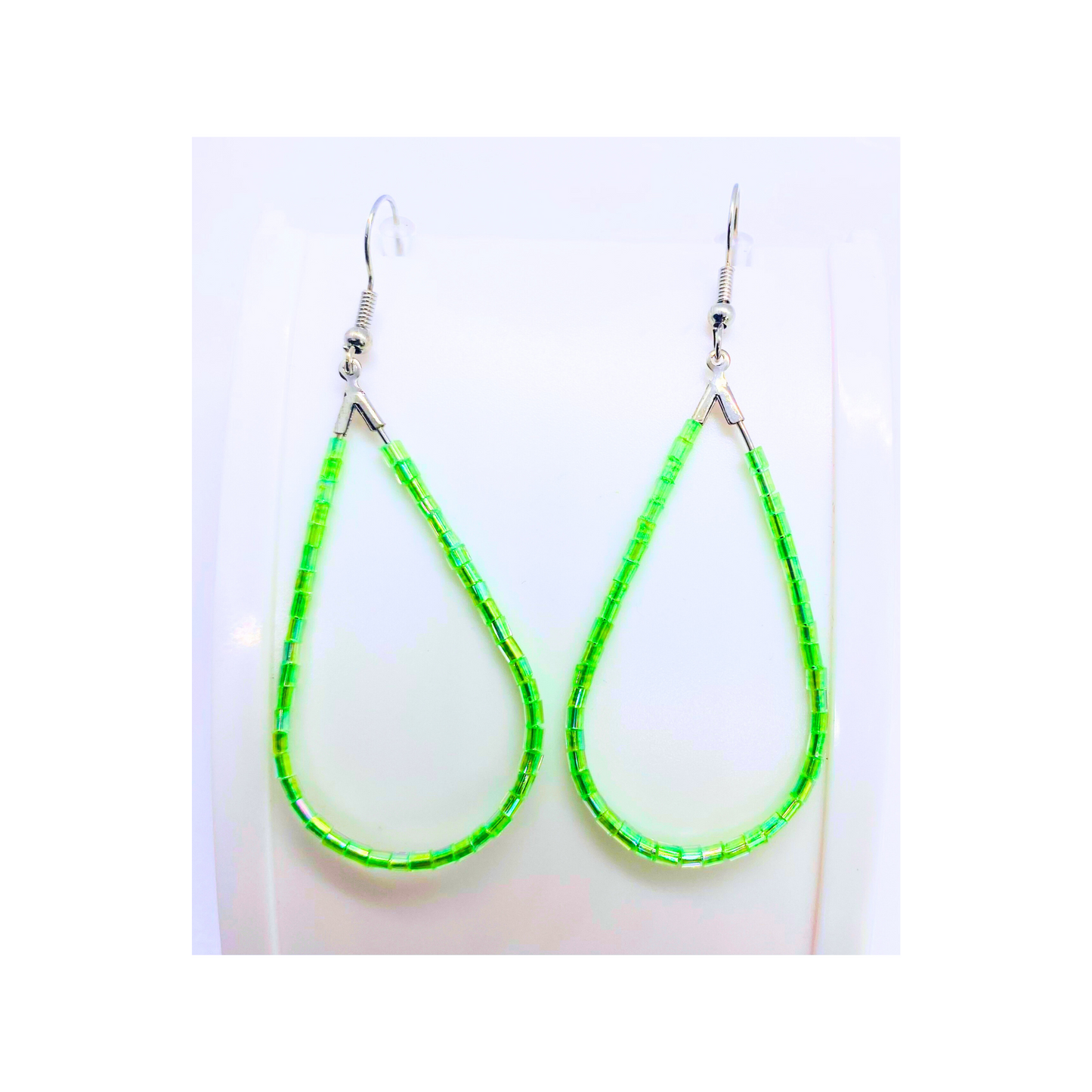 Lime Green Bugle Bead Teardrop Dangle Earring