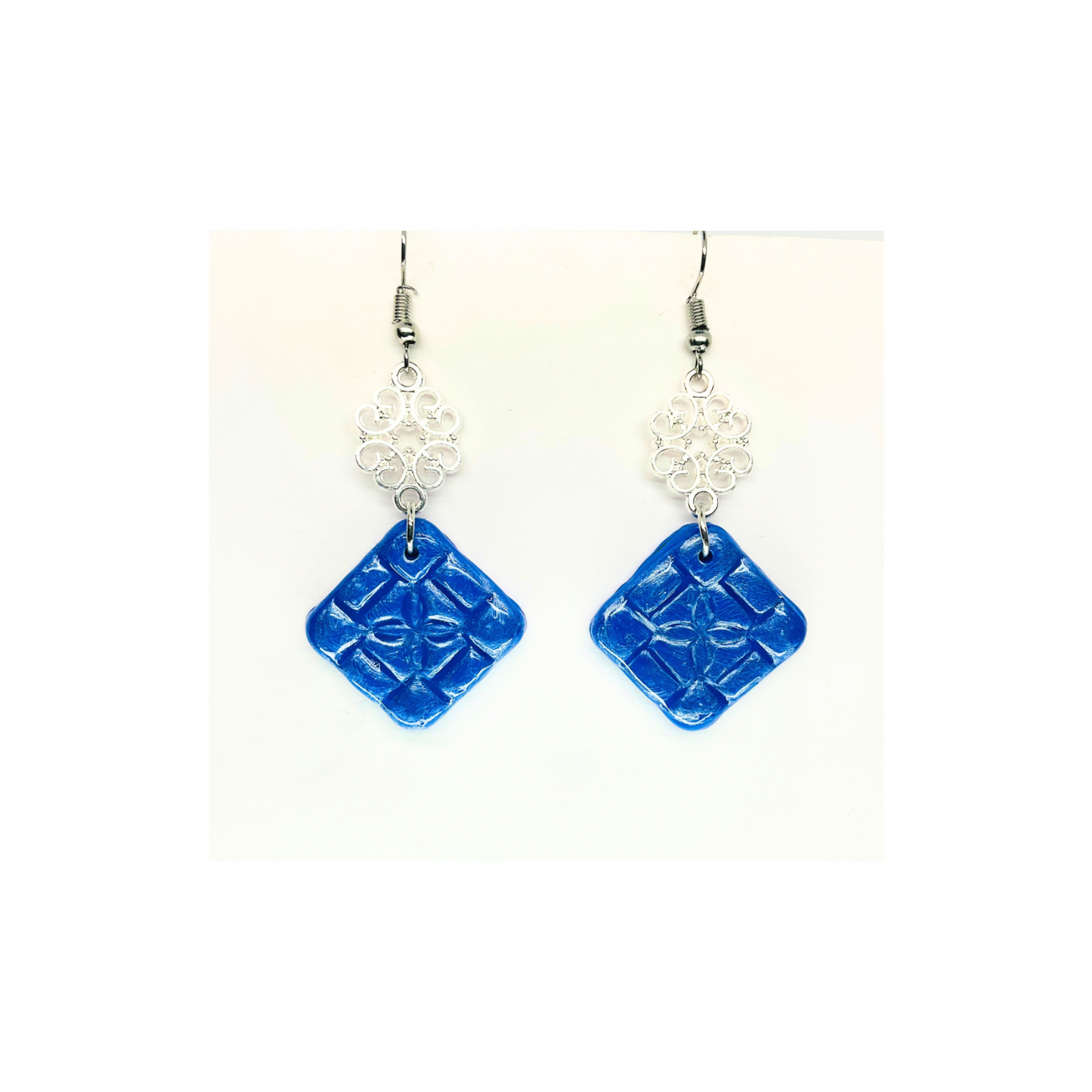 Blue Tile 133 with Silver Charm Dangle Earrings - Square Design & Blue Color Only
