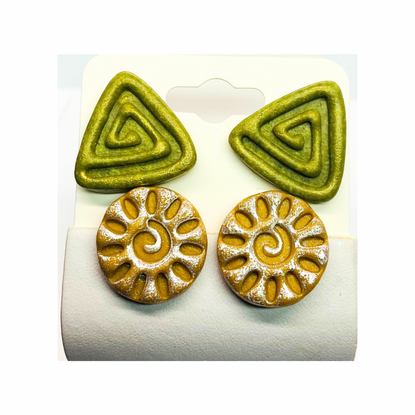 Stud Earrings in Green and Yellow with Accents of Silver and Gold