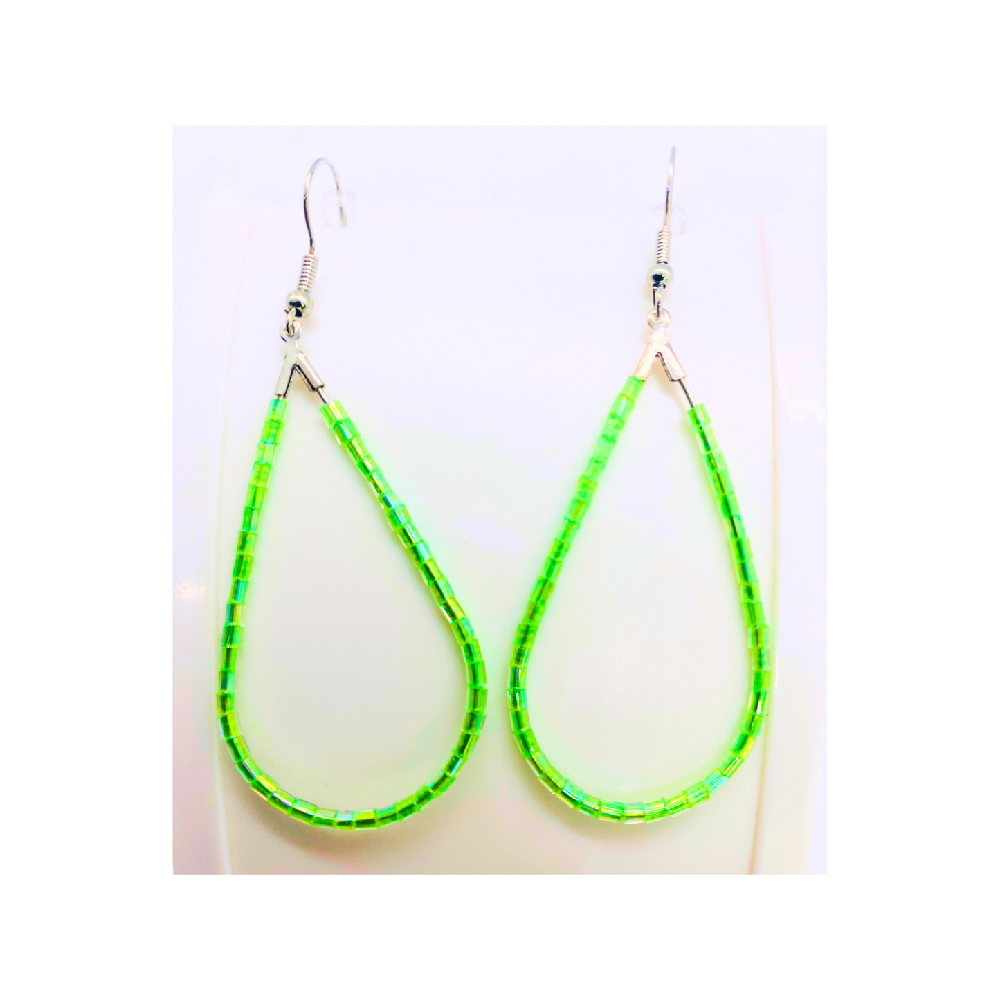 Lime Green Bugle Bead Teardrop Dangle Earring