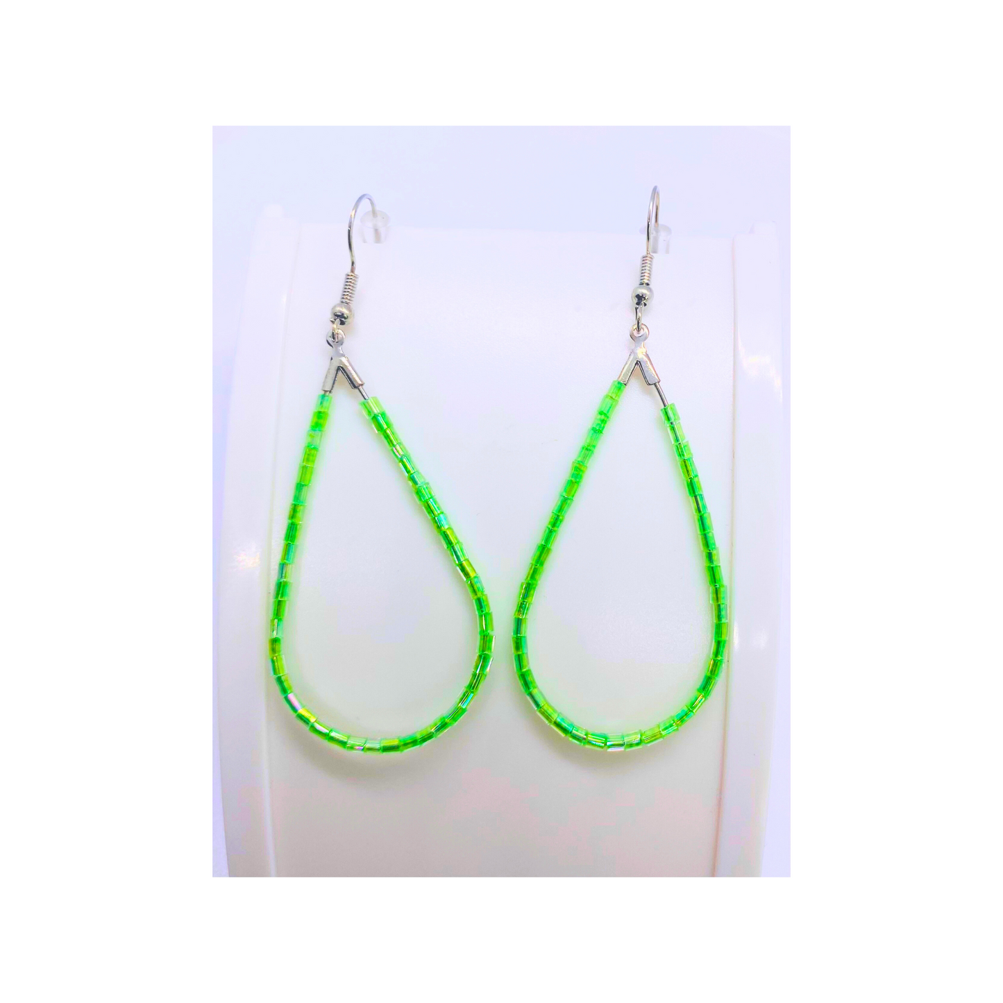 Lime Green Bugle Bead Teardrop Dangle Earring