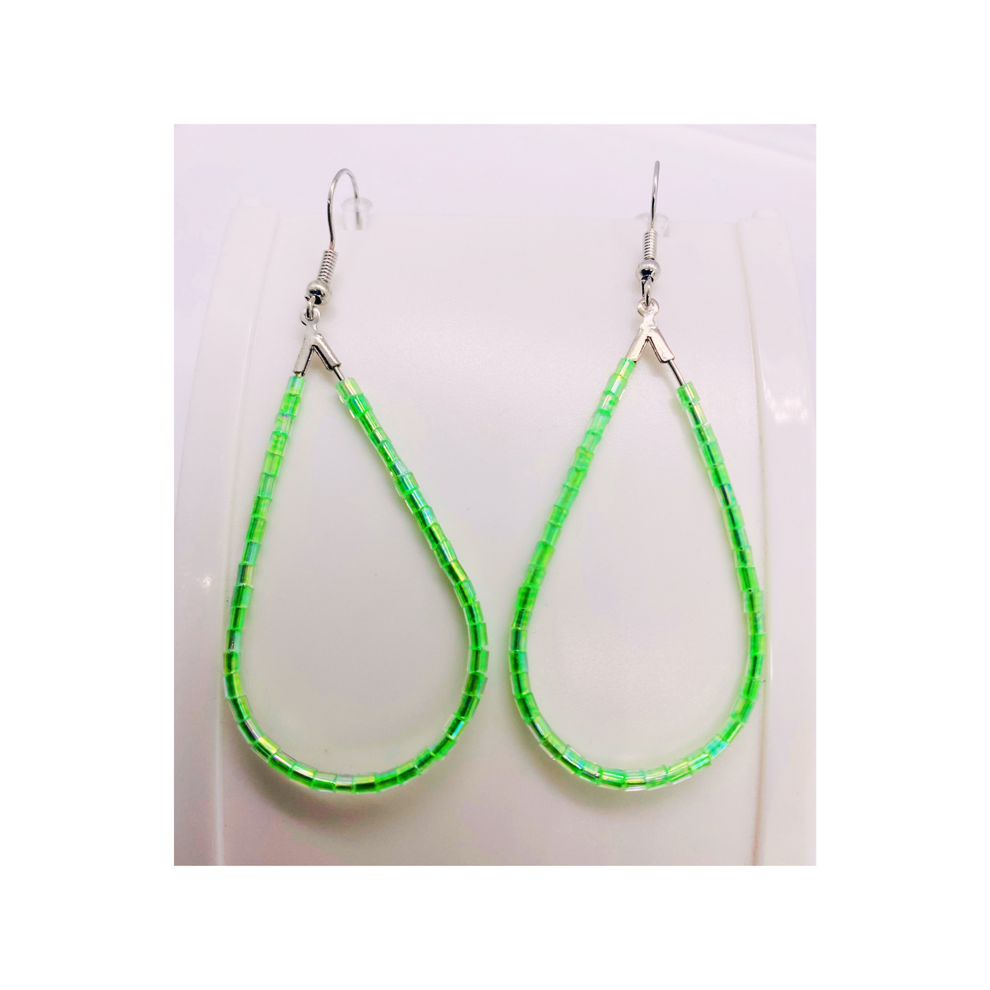 Lime Green Bugle Bead Teardrop Dangle Earring