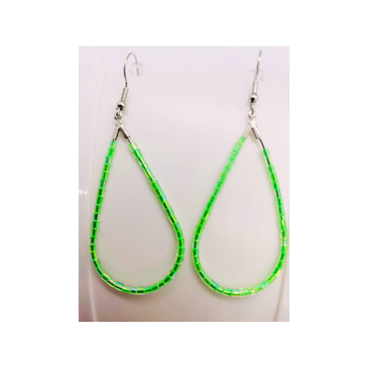 Lime Green Bugle Bead Teardrop Dangle Earring