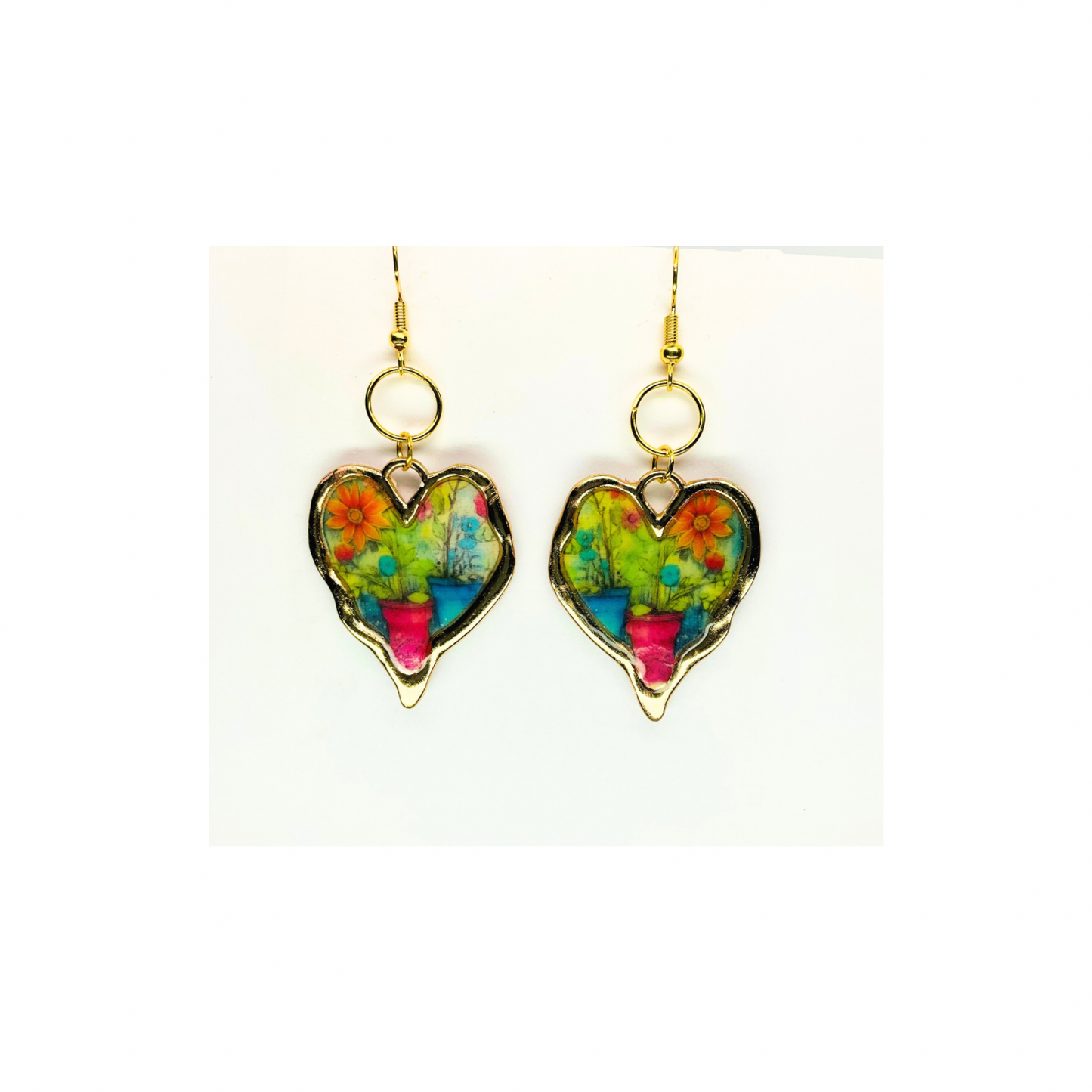 French Garden Collection Gold Heart Dangle Earrings with Vibrant Multicolor Design and Gold Tone Hooks
