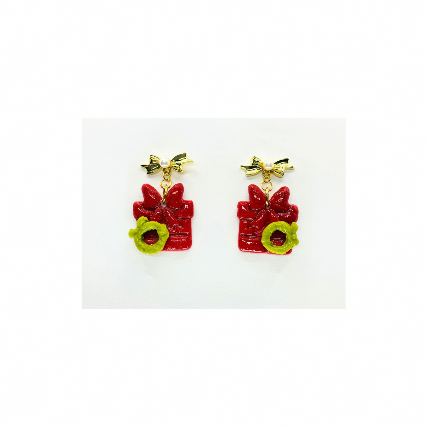 Christmas Gift Earrings: Red Present with Gold Bow, Holiday Dangles