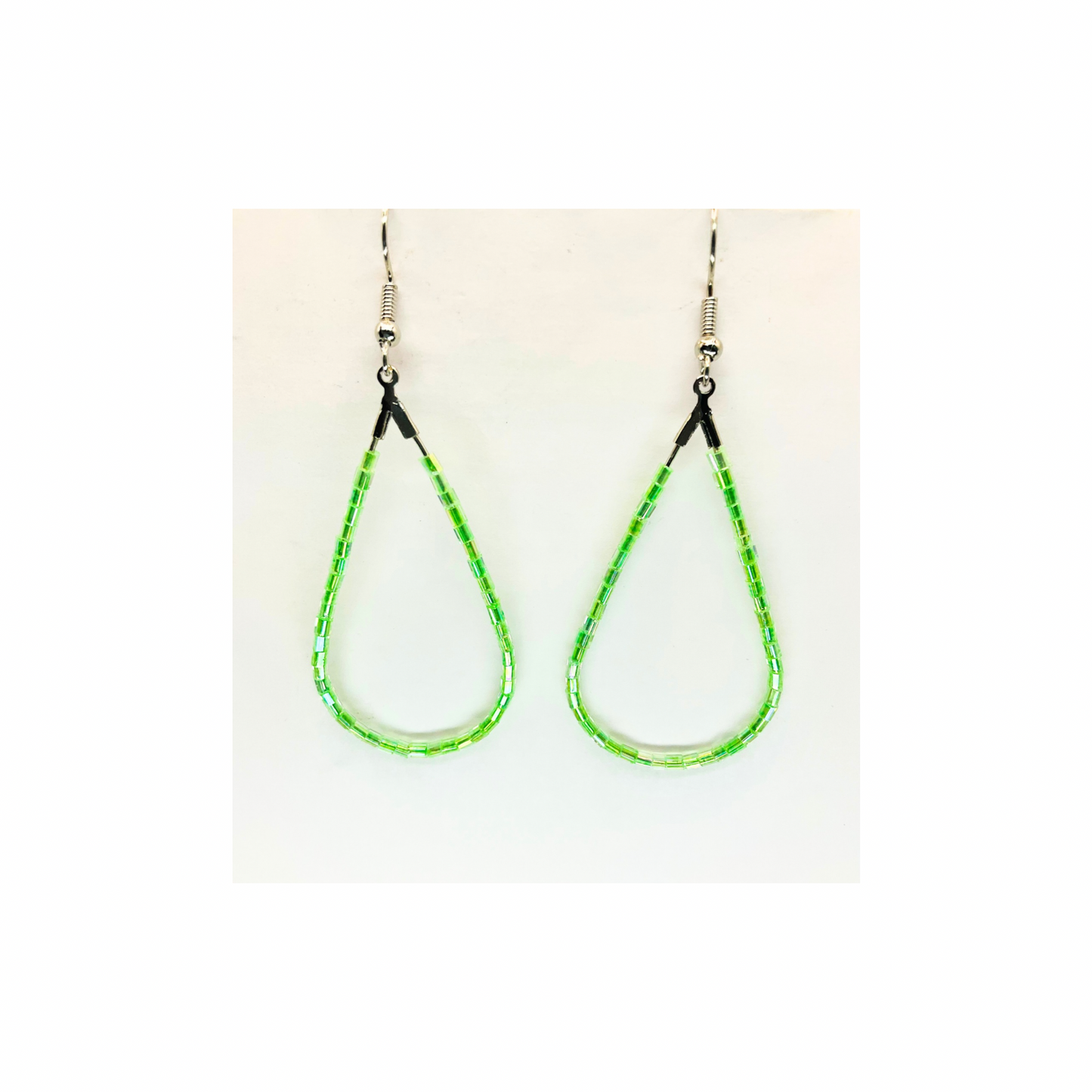 Lime Green Bugle Bead Teardrop Dangle Earring