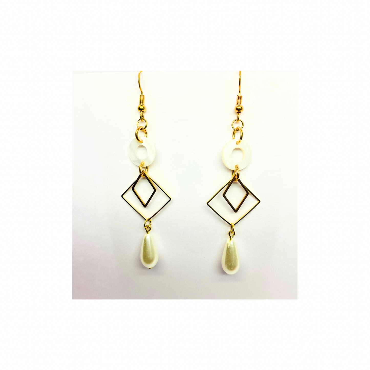 Spot Cream and Gold Collection Pearl Charm Dangle Earrings with Geometric Design and Pearl Drop Jewelry