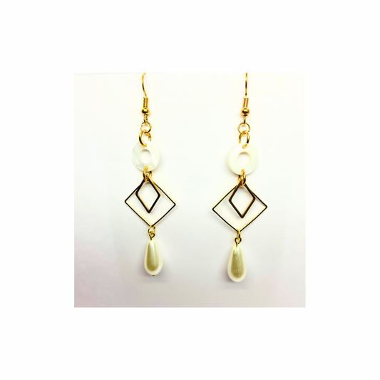 Spot Cream and Gold Collection Pearl Charm Dangle Earrings with Geometric Design and Pearl Drop Jewelry