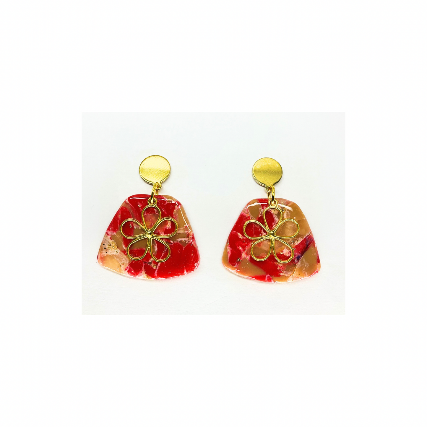 Red and Tan Dangle with Gold Charm and Gold Button Stud Earrings-Crafting By BB