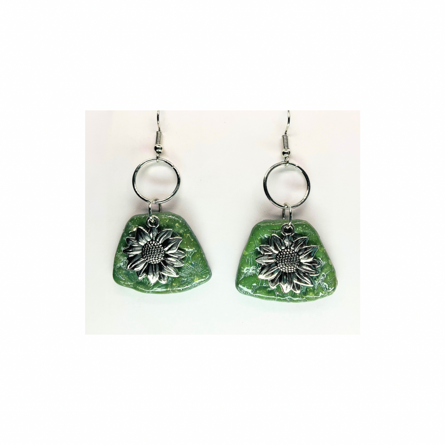 Jade Green and Silver with Sunflower Charm Dangle Earrings - Unique Design Jewelry Accessory