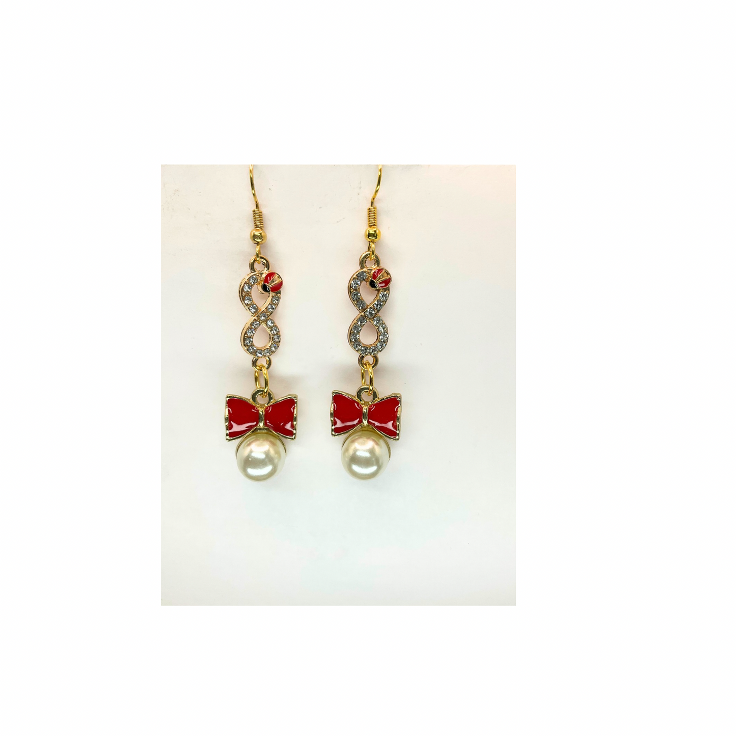 Red Bow with Pearl and Ladybug Rhinestone Dangle Earrings