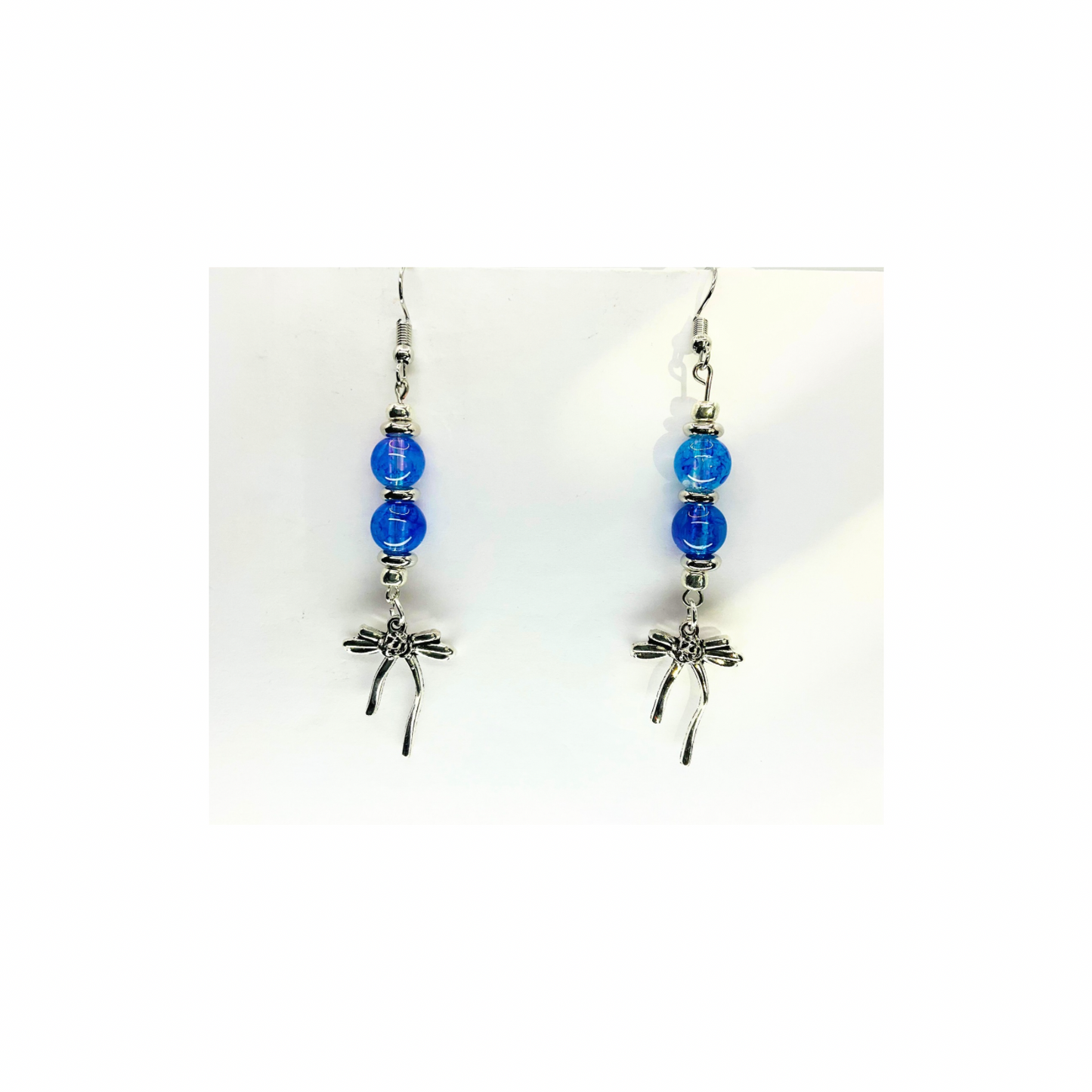 Blue Crystal Glass Bead Dangle Earrings with Silver Bow