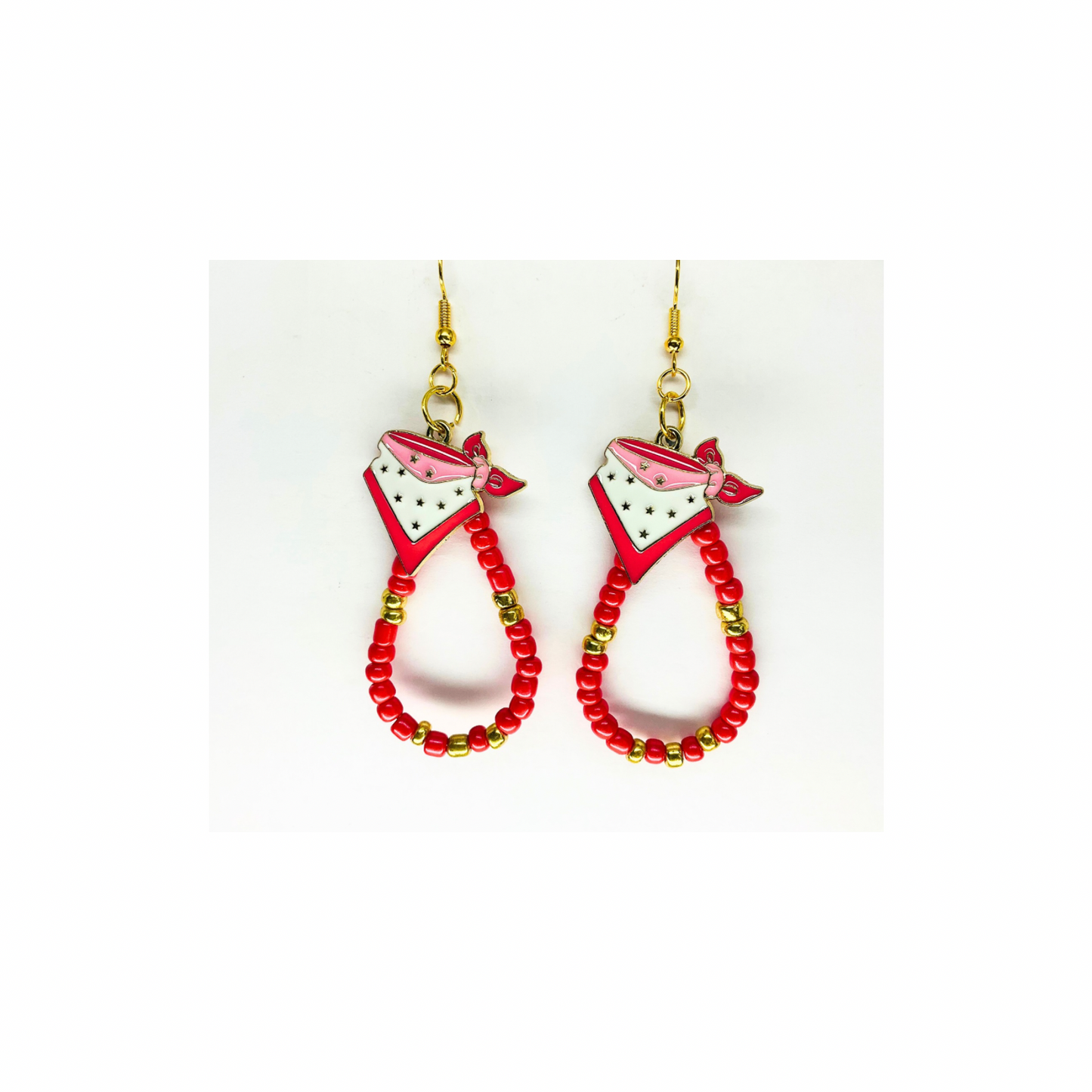 Teardrop Watermelon Pink and Gold Beads with Bandana Charm Earrings