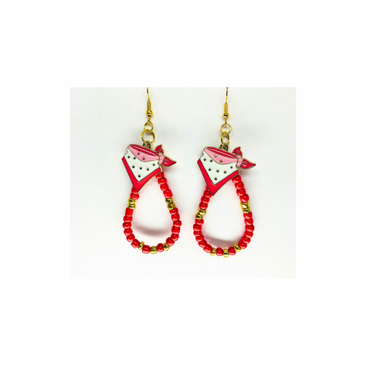 Teardrop Watermelon Pink and Gold Beads with Bandana Charm Earrings
