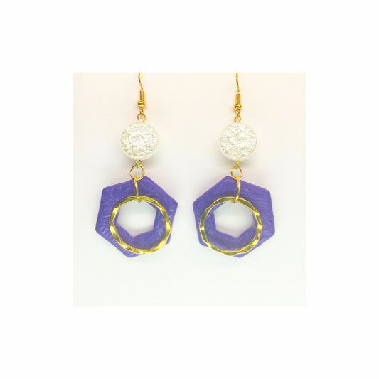 Deep Purple Hexagon and Gold with Pearl Bead Dangle Earring - Unique Design Earrings with Geometric Shapes