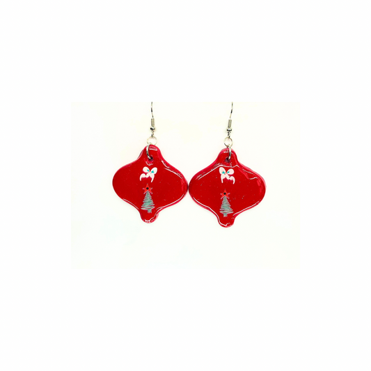 Christmas in July Collection Red Ornament with Tree Embellishment Dangle Earrings Festive Design
