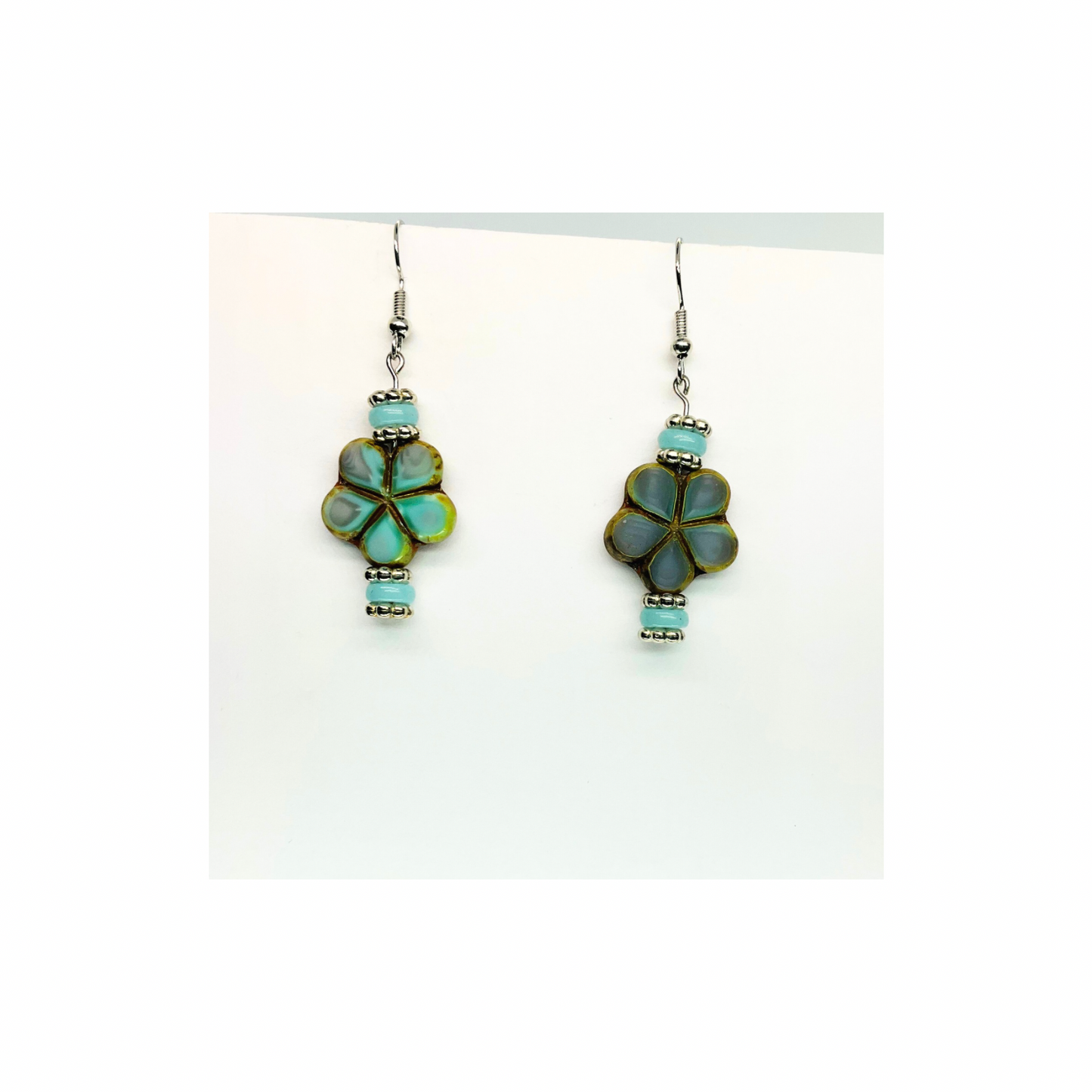 Porcelain Bead Collection with Flower Dangle Earrings - Elegant Design Featuring Teal and Silver Accents