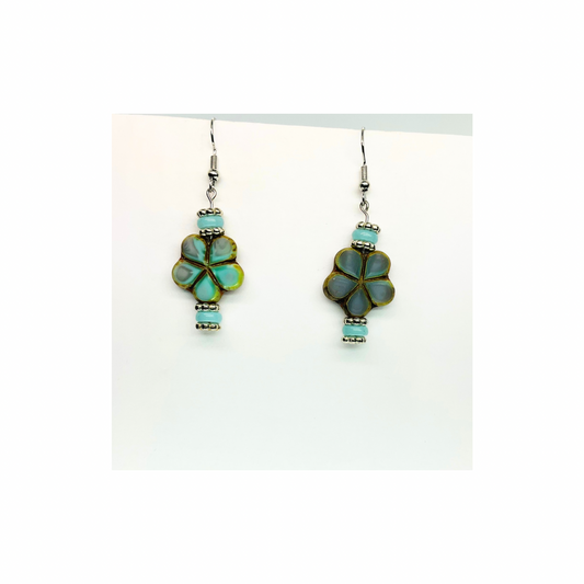 Porcelain Bead Collection with Flower Dangle Earrings - Elegant Design Featuring Teal and Silver Accents