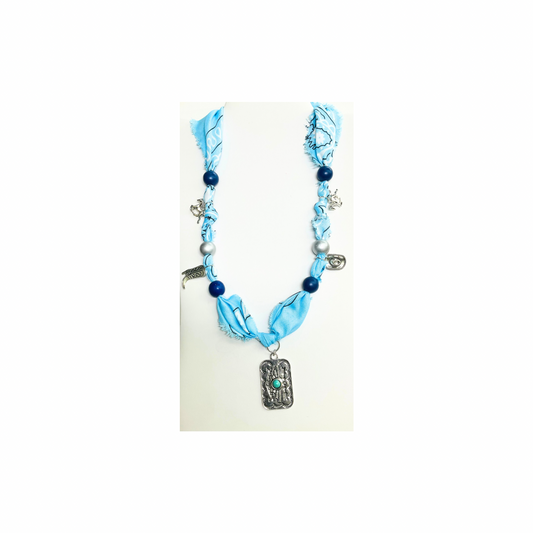 Western Style Blue 21 Inch Bandana Necklace with Silver Charms and Blue and Silver Wood Beads for Stylish Outfits
