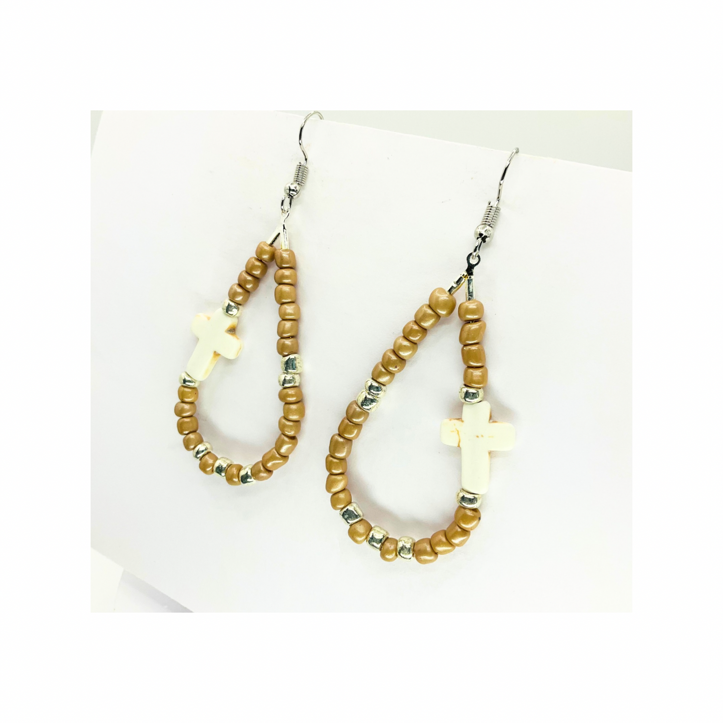 Tan Beaded Teardrop Dangle with Cream Cross, Boho Jewelry