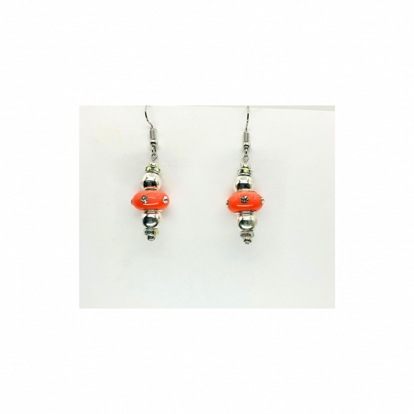 Orange Rhinestone Bead Dangle with Silver Bead Earrings