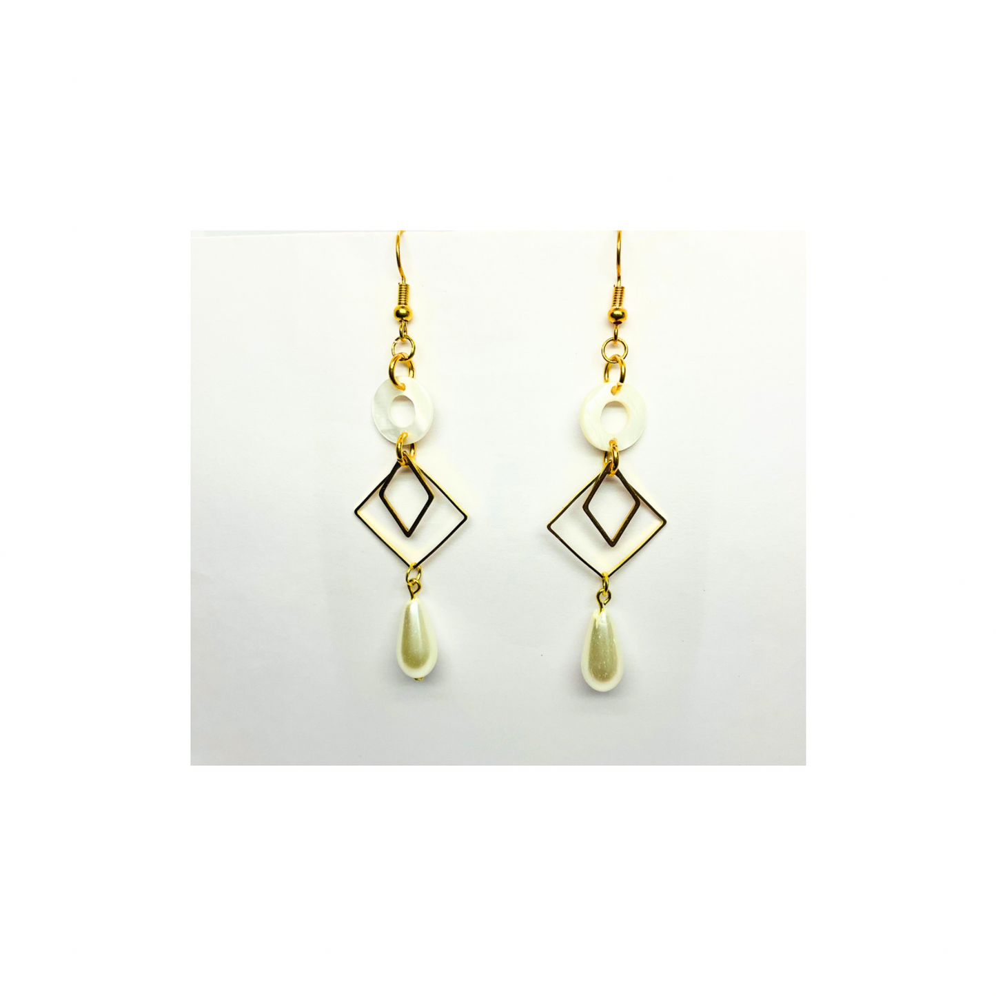 Spot Cream and Gold Collection Pearl Charm Dangle Earrings with Geometric Design and Pearl Drop Jewelry