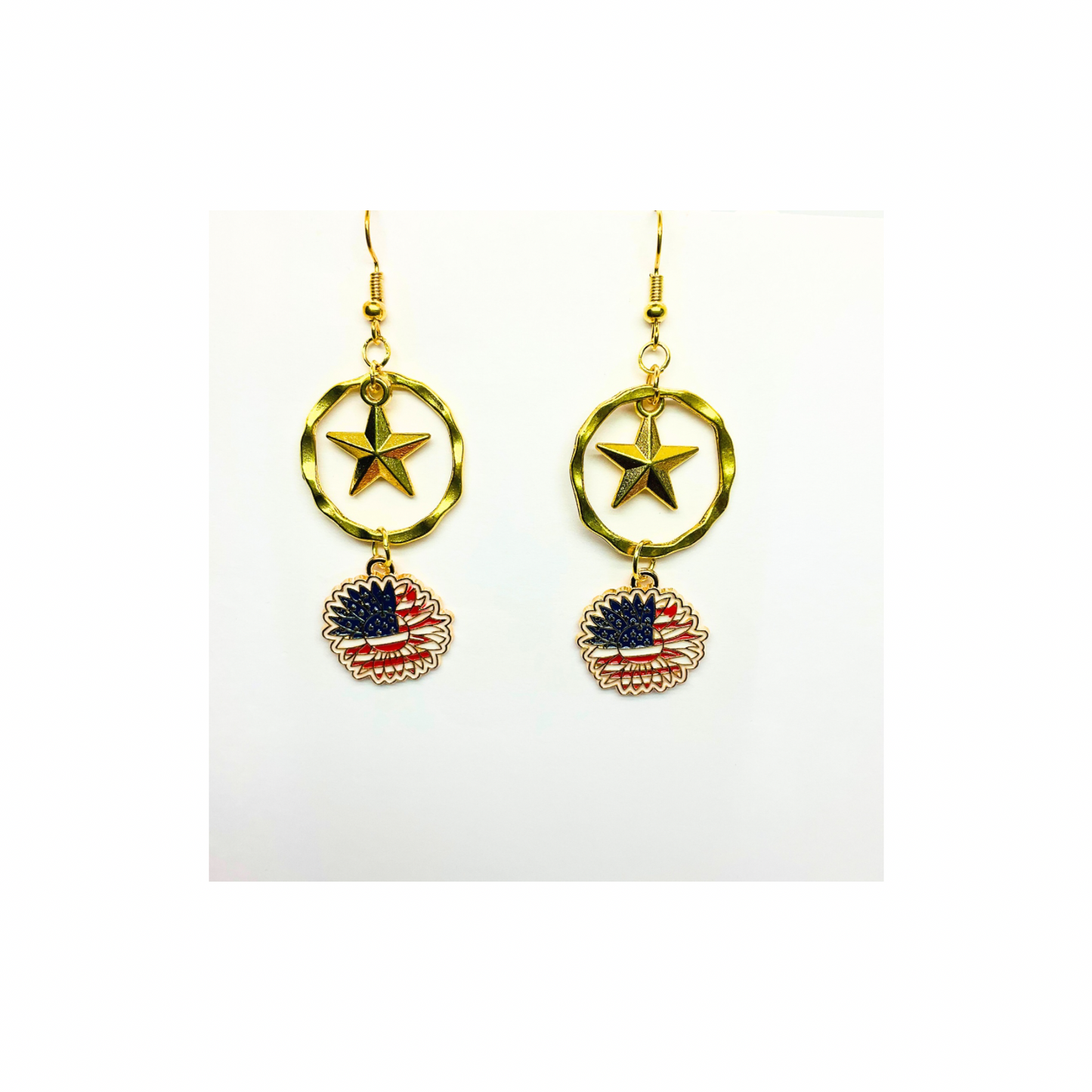 Patriotic Collection Sunflower Charm with Gold Star Dangle Earrings Featuring American Flag Design