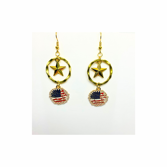 Patriotic Collection Sunflower Charm with Gold Star Dangle Earrings Featuring American Flag Design