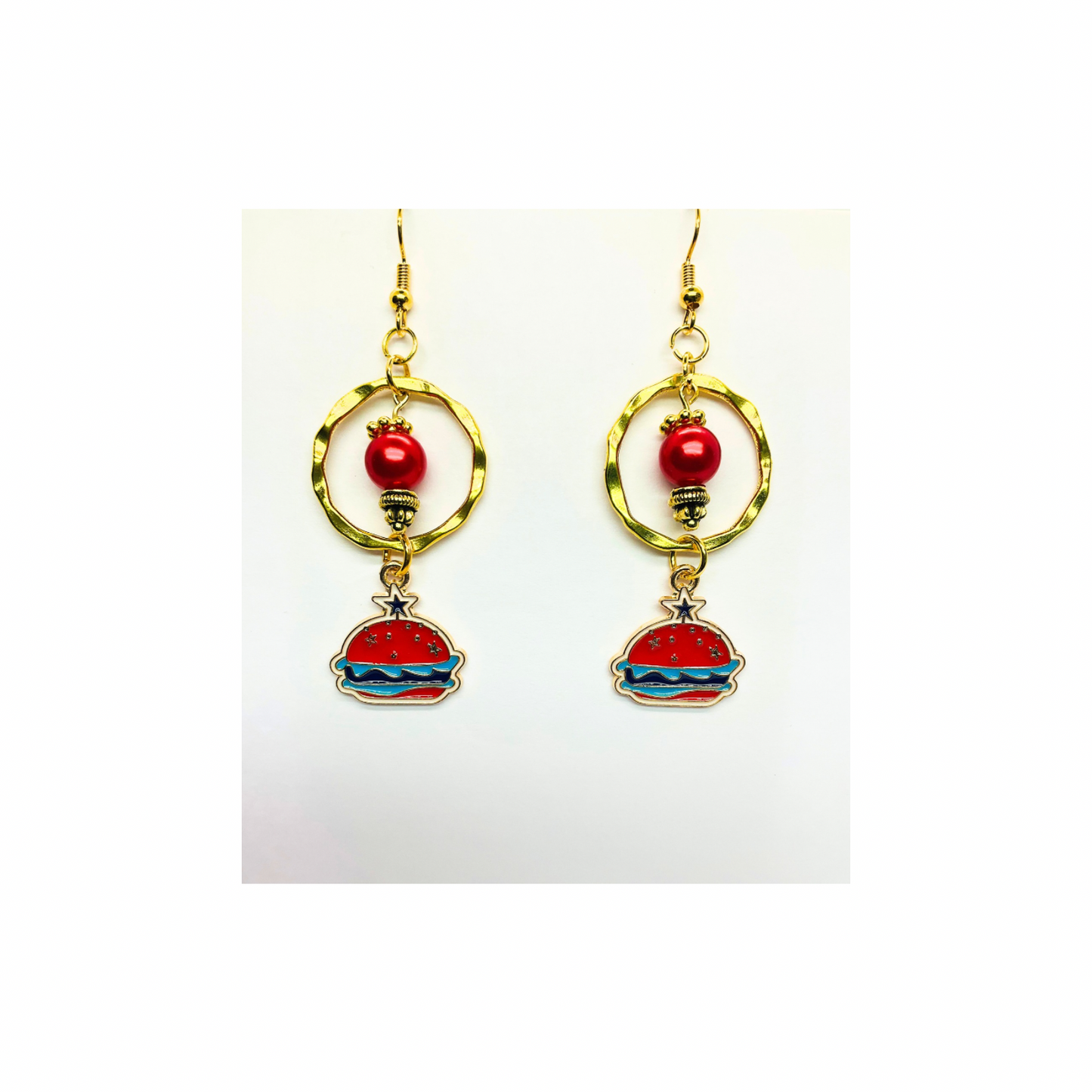 Patriotic Collection Gold Circle with Hamburger Charm Dangle Earrings